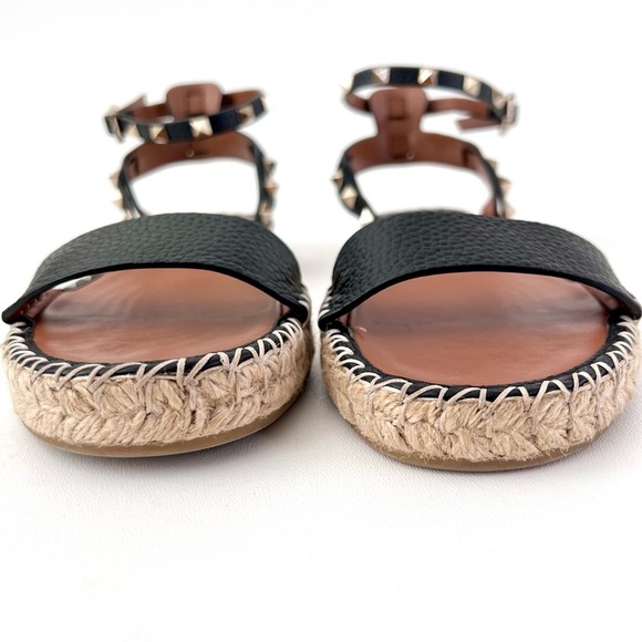 VALENTINO GARAVANI | Black Leather Rockstud Ankle Wrap Flat Espadrille Sandals 8 - Picture 4 of 13